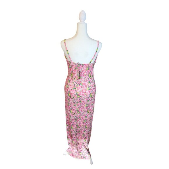 PrettyLittleThing Pink Abstract Floral Printed Plisse Strappy Maxi Dress Size 4 - Picture 4 of 5
